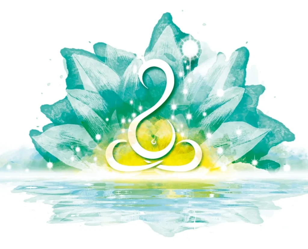 Lotus aquarelle turquoise et or, avec une figure assise en méditation