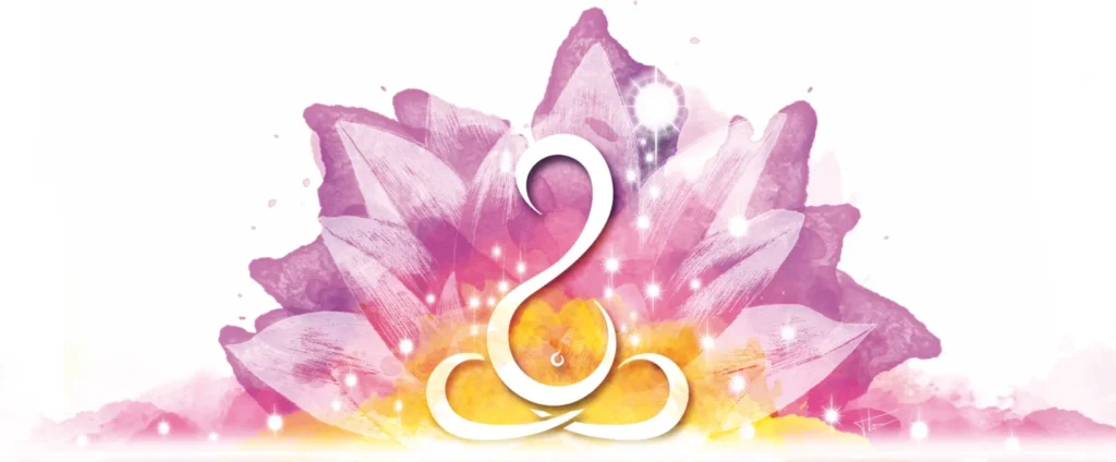 Logo de Myrtille : figure assise en lotus aux couleurs rose, violet et or
