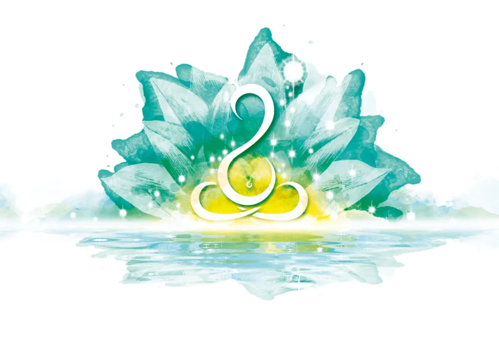 Logo Myrtille Accompagnement : figure assise en lotus devant un lotus aquarelle turquoise et vert